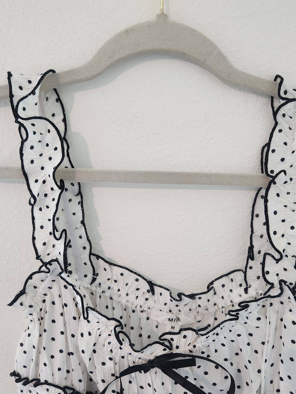 White Polka Dot Baby Doll Ruffle Crop Top with Black Trim And Bows - Picture 6 of 8